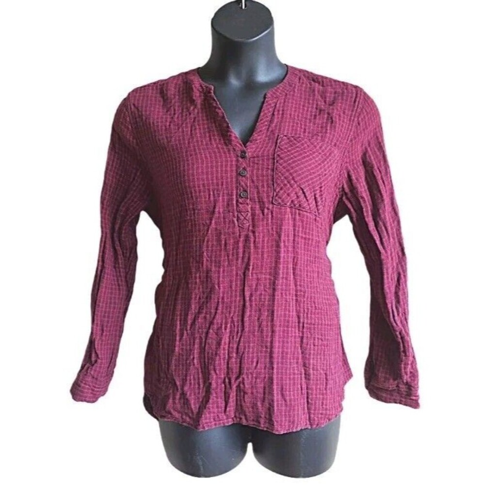 eddie bauer womens top Size Large Gauze Cotton Tunic Plaid Hi-lo Red